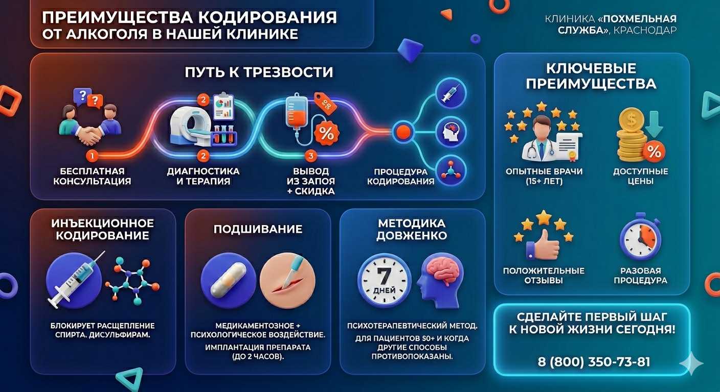 Инфографика о методах кодирования от алкоголя в Бокситогорске: инъекции, подшивание, метод Довженко. Преимущества клиники и этапы лечения.